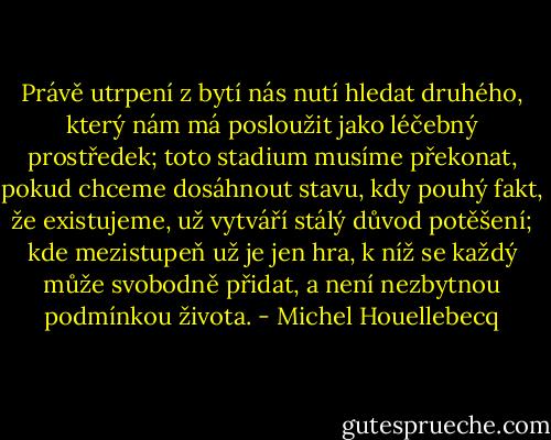 Právě utrpení z bytí nás nutí hledat druhého, který nám má posloužit jako léčebný prostředek; toto stadium musíme překonat, pokud chceme dosáhnout stavu, kdy pouhý fakt, že existujeme, už vytváří stálý důvod potěšení; kde mezistupeň už je jen hra, k níž se každý může svobodně přidat, a není nezbytnou podmínkou života. - Michel Houellebecq