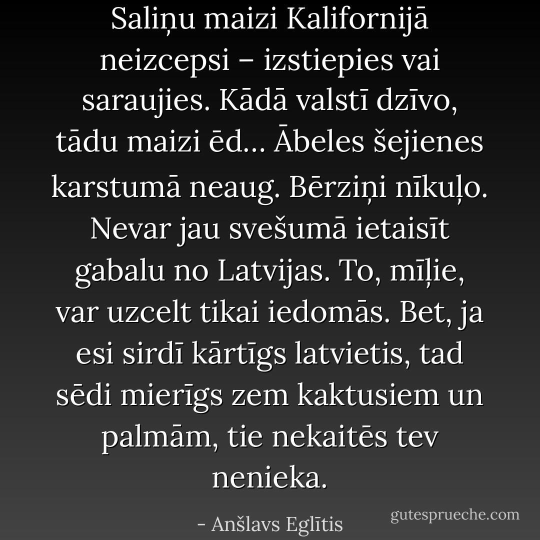Saliņu maizi Kalifornijā neizcepsi – izstiepies vai saraujies. Kādā valstī dzīvo, tādu maizi ēd… Ābeles šejienes karstumā neaug. Bērziņi nīkuļo. Nevar jau svešumā ietaisīt gabalu no Latvijas. To, mīļie, var uzcelt tikai iedomās. Bet, ja esi sirdī kārtīgs latvietis, tad sēdi mierīgs zem kaktusiem un palmām, tie nekaitēs tev nenieka. - Anšlavs Eglītis
