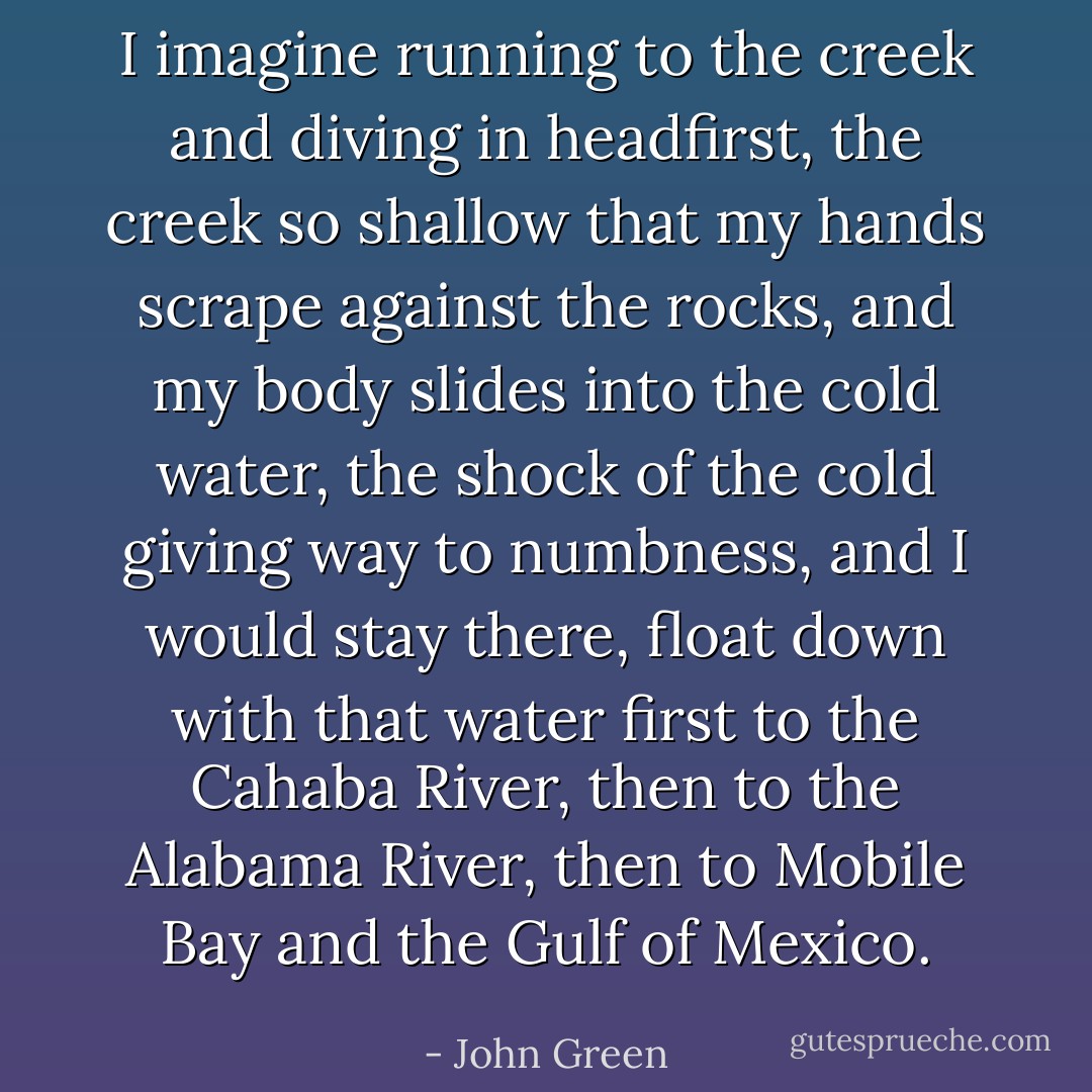 I imagine running<br />to the creek and diving in headfirst, the creek so shallow that my hands scrape against the rocks, and my body<br />slides into the cold water, the shock of the cold giving way to numbness, and I would stay there, float down with<br />that water first to the Cahaba River, then to the Alabama River, then to Mobile Bay and the Gulf of Mexico. - John Green