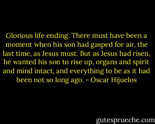 Glorious life ending. There must have been a moment when his son had gasped for air, the last time, as Jesus must. But as Jesus had risen, he wanted his son to rise up, organs and spirit and mind intact, and everything to be as it had been not so long ago. - Oscar Hijuelos