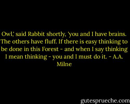 Owl,' said Rabbit shortly, 'you and I have brains. The others have fluff. If there is easy thinking to be done in this Forest - and when I say thinking I mean thinking - you and I must do it. - A.A. Milne