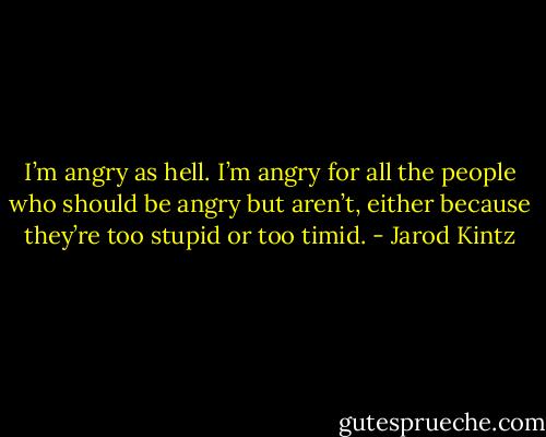 I’m angry as hell. I’m angry for all the people who should be angry but aren’t, either because they’re too stupid or too timid. - Jarod Kintz