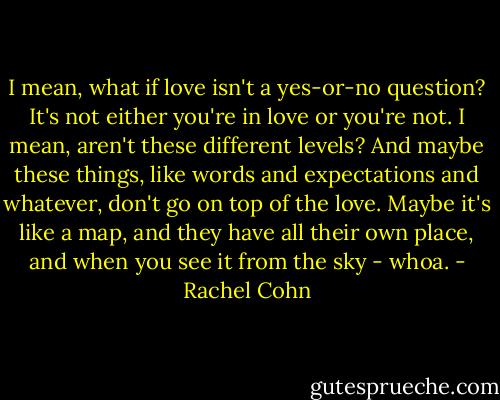 I mean, what if love isn't a yes-or-no question? It's not either you're in love or you're not. I mean, aren't these different levels? And maybe these things, like words and expectations and whatever, don't go on top of the love. Maybe it's like a map, and they have all their own place, and when you see it from the sky - whoa. - Rachel Cohn