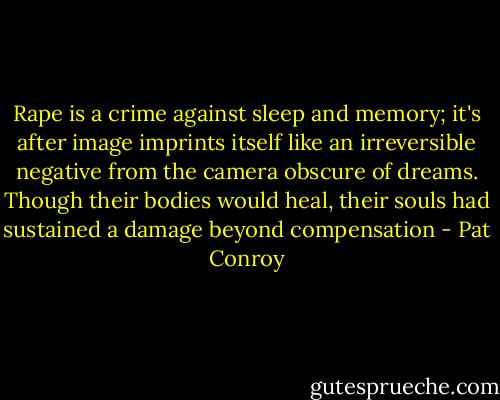Rape is a crime against sleep and memory; it's after image imprints itself like an irreversible negative from the camera obscure of dreams. Though their bodies would heal, their souls had sustained a damage beyond compensation - Pat Conroy