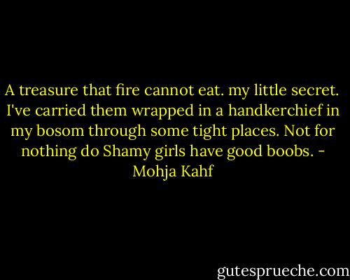 A treasure that fire cannot eat. my little secret. I've carried them wrapped in a handkerchief in my bosom through some tight places. Not for nothing do Shamy girls have good boobs. - Mohja Kahf