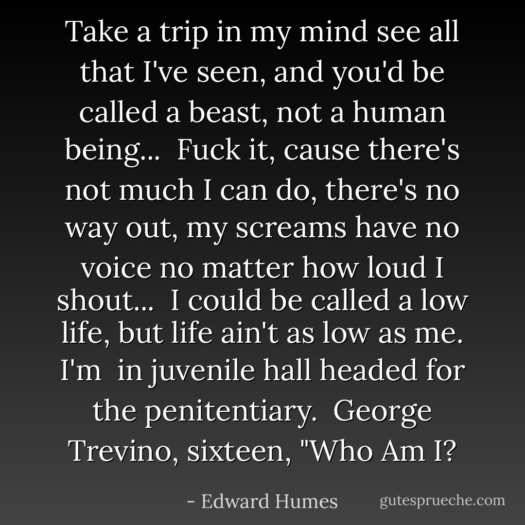 Take a trip in my mind<br />see all that I've seen,<br />and you'd be called a<br />beast, not a human being...<br /><br />Fuck it, cause there's<br />not much I can do,<br />there's no way out, my<br />screams have no voice no<br />matter how loud I shout...<br /><br />I could be called a<br />low life, but life ain't<br />as low as me. I'm <br />in juvenile hall headed<br />for the penitentiary.<br /> George Trevino, sixteen, "Who Am I? - Edward Humes