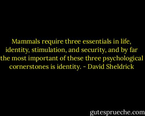 Mammals require three essentials in life, identity, stimulation, and security, and by far the most important of these three psychological cornerstones is identity. - David Sheldrick