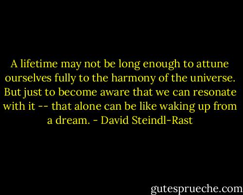 A lifetime may not be long enough to attune ourselves fully to the harmony of the universe. But just to become aware that we can resonate with it -- that alone can be like waking up from a dream. - David Steindl-Rast