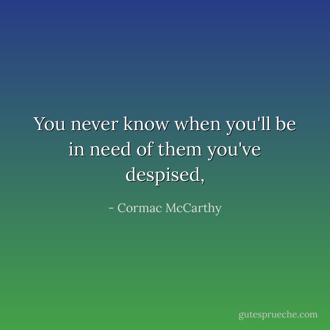 You never know when you'll be in need of them you've despised, - Cormac McCarthy