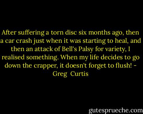 After suffering a torn disc six months ago, then a car crash just when it was starting to heal, and then an attack of Bell's Palsy for variety, I realised something. When my life decides to go down the crapper, it doesn't forget to flush! - Greg  Curtis