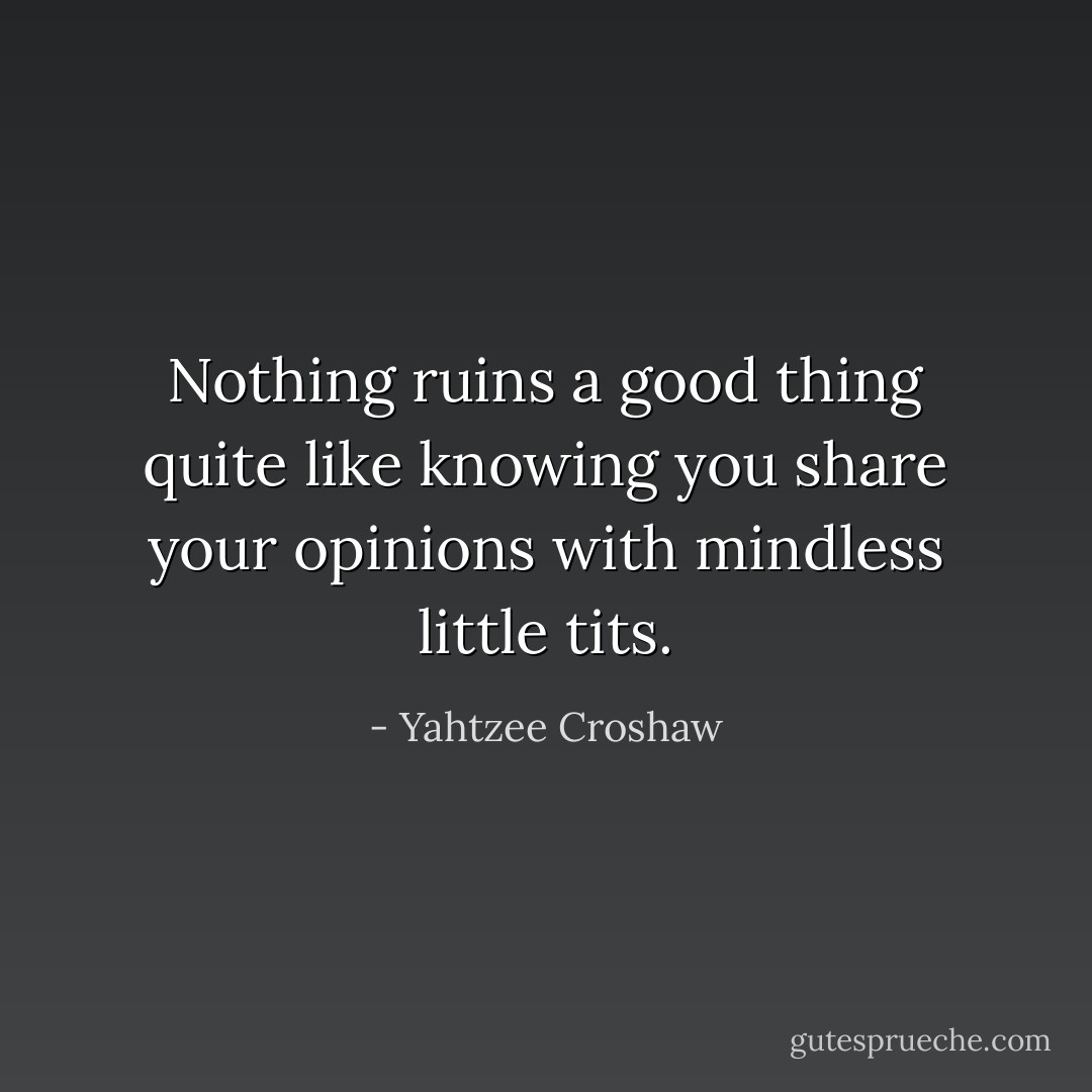 Nothing ruins a good thing quite like knowing you share your opinions with mindless little tits. - Yahtzee Croshaw