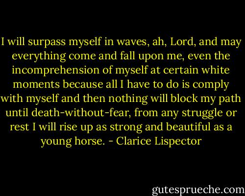 I will surpass myself in waves, ah, Lord, and may everything come and fall upon me, even the incomprehension of myself at certain white moments because all I have to do is comply with myself and then nothing will block my path until death-without-fear, from any struggle or rest I will rise up as strong and beautiful as a young horse. - Clarice Lispector