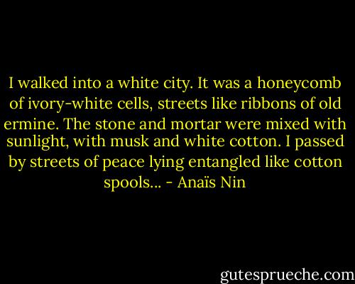 I walked into a white city. It was a honeycomb of ivory-white cells, streets like ribbons of old ermine. The stone and mortar were mixed with sunlight, with musk and white cotton. I passed by streets of peace lying entangled like cotton spools... - Anaïs Nin