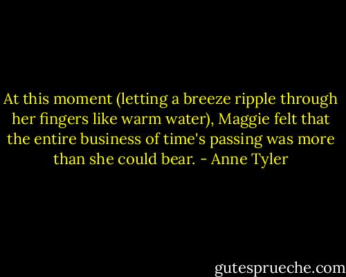 At this moment (letting a breeze ripple through her fingers like warm water), Maggie felt that the entire business of time's passing was more than she could bear. - Anne Tyler