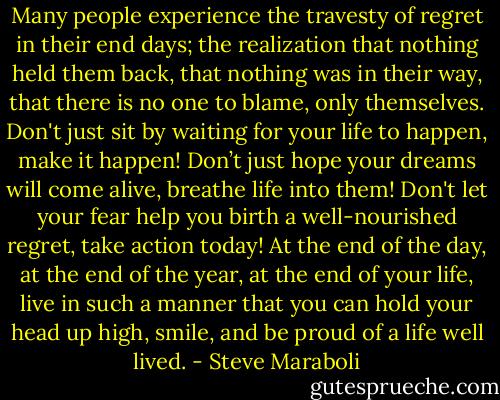 Many people experience the travesty of regret in their end days; the realization that nothing held them back, that nothing was in their way, that there is no one to blame, only themselves. Don't just sit by waiting for your life to happen, make it happen! Don’t just hope your dreams will come alive, breathe life into them! Don't let your fear help you birth a well-nourished regret, take action today! At the end of the day, at the end of the year, at the end of your life, live in such a manner that you can hold your head up high, smile, and be proud of a life well lived. - Steve Maraboli
