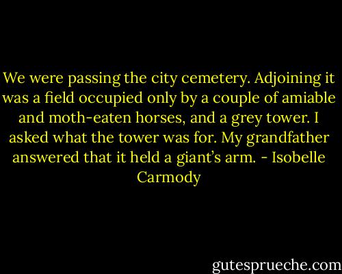 We were passing the city cemetery. Adjoining it was a field occupied only by a couple of amiable and moth-eaten horses, and a grey tower. I asked what the tower was for. My grandfather answered that it held a giant’s arm. - Isobelle Carmody