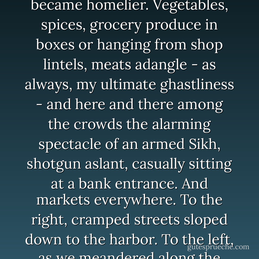 Every inch of space was used. As the road narrowed, signs receded upwards and changed to the vertical. Businesses simply soared from ground level and hung out vaster, more fascinatingly illuminated shingles than competitors. We were still in a traffic tangle, but now the road curved. Shops crowded the pavements and became homelier. Vegetables, spices, grocery produce in boxes or hanging from shop lintels, meats adangle - as always, my ultimate ghastliness - and here and there among the crowds the alarming spectacle of an armed Sikh, shotgun aslant, casually sitting at a bank entrance. And markets everywhere. To the right, cramped streets sloped down to the harbor. To the left, as we meandered along the tramlines through sudden dense markets of hawkers' barrows, the streets turned abruptly into flights of steps careering upwards into a bluish mist of domestic smoke, clouds of washing on poles, and climbing. Hong Kong had the knack of building where others wouldn't dare. - Jonathan Gash