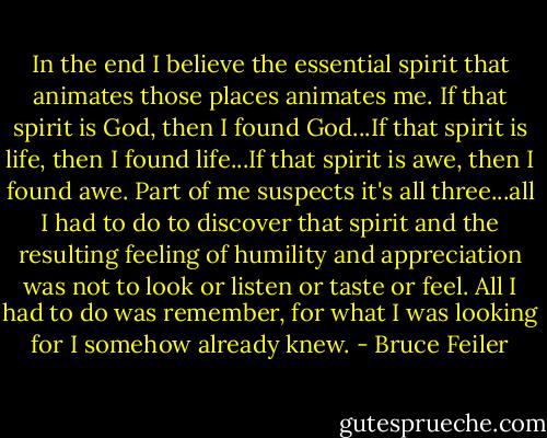 In the end I believe the essential spirit that animates those places animates me. If that spirit is God, then I found God...If that spirit is life, then I found life...If that spirit is awe, then I found awe. Part of me suspects it's all three...all I had to do to discover that spirit and the resulting feeling of humility and appreciation was not to look or listen or taste or feel. All I had to do was remember, for what I was looking for I somehow already knew. - Bruce Feiler