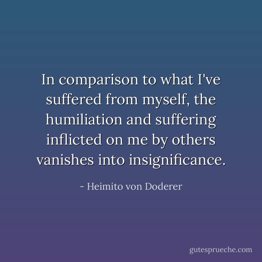 In comparison to what I've suffered from myself, the humiliation and suffering inflicted on me by others vanishes into insignificance. - Heimito von Doderer