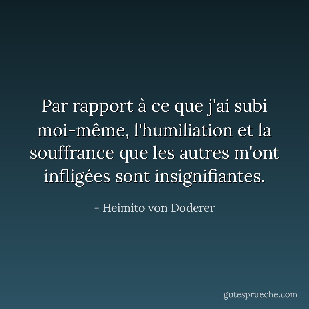 Par rapport à ce que j'ai subi moi-même, l'humiliation et la souffrance que les autres m'ont infligées sont insignifiantes. - Heimito von Doderer
