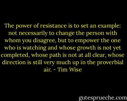 The power of resistance is to set an example: not necessarily to change the person with whom you disagree, but to empower the one who is watching and whose growth is not yet completed, whose path is not at all clear, whose direction is still very much up in the proverbial air. - Tim Wise