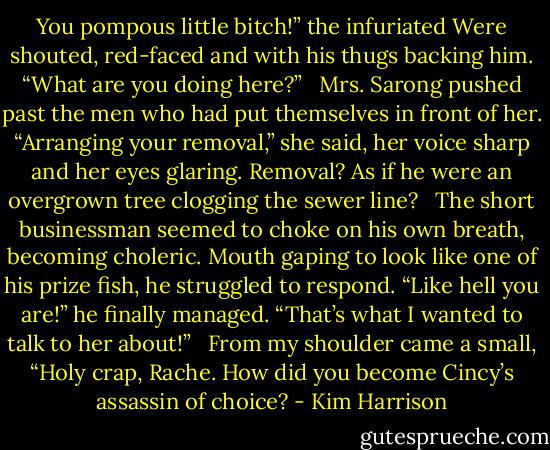 You pompous little bitch!” the infuriated Were shouted, red-faced and with his thugs backing him. “What are you doing here?” <br /><br />Mrs. Sarong pushed past the men who had put themselves in front of her. “Arranging your removal,” she said, her voice sharp and her eyes glaring. Removal? As if he were an overgrown tree clogging the sewer line? <br /><br />The short businessman seemed to choke on his own breath, becoming choleric. Mouth gaping to look like one of his prize fish, he struggled to respond. “Like hell you are!” he finally managed. “That’s what I wanted to talk to her about!” <br /><br />From my shoulder came a small, “Holy crap, Rache. How did you become Cincy’s assassin of choice? - Kim Harrison