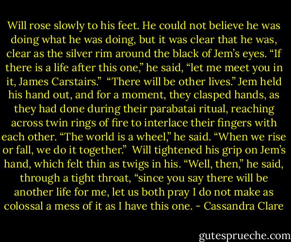 Will rose slowly to his feet. He could not believe he was doing what he was doing, but it was clear that he was, clear as the silver rim around the black of Jem’s eyes. “If there is a life after this one,” he said, “let me meet you in it, James Carstairs.”<br /><br />“There will be other lives.” Jem held his hand out, and for a moment, they clasped hands, as they had done during their parabatai ritual, reaching across twin rings of fire to interlace their fingers with each other. “The world is a wheel,” he said. “When we rise or fall, we do it together.”<br /><br />Will tightened his grip on Jem’s hand, which felt thin as twigs in his. “Well, then,” he said, through a tight throat, “since you say there will be another life for me, let us both pray I do not make as colossal a mess of it as I have this one. - Cassandra Clare