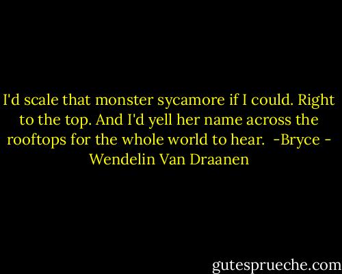 I'd scale that monster sycamore if I could. Right to the top. And I'd yell her name across the rooftops for the whole world to hear.<br /><br />-Bryce - Wendelin Van Draanen