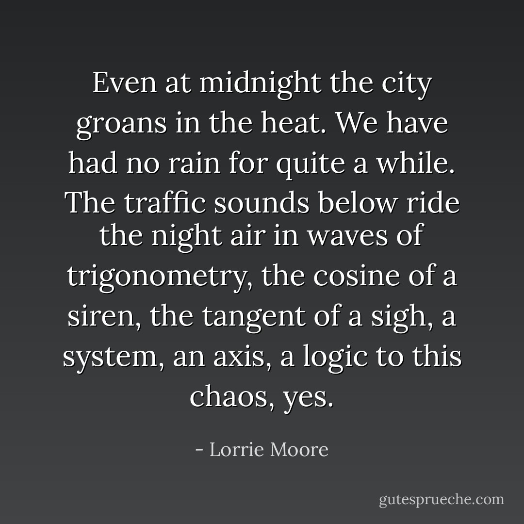 Even at midnight the city groans in the heat. We have had no rain for quite a while. The traffic sounds below ride the night air in waves of trigonometry, the cosine of a siren, the tangent of a sigh, a system, an axis, a logic to this chaos, yes. - Lorrie Moore