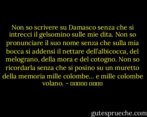 Non so scrivere su Damasco senza che si intrecci il gelsomino sulle mie dita. Non so pronunciare il suo nome senza che sulla mia bocca si addensi il nettare dell’albicocca, del melograno, della mora e del cotogno. Non so ricordarla senza che si posino su un muretto della memoria mille colombe… e mille colombe volano. - نزار قباني