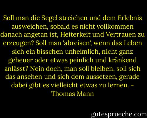 Soll man die Segel streichen und dem Erlebnis ausweichen, sobald es nicht vollkommen danach angetan ist, Heiterkeit und Vertrauen zu erzeugen? Soll man 'abreisen', wenn das Leben sich ein bisschen unheimlich, nicht ganz geheuer oder etwas peinlich und kränkend anlässt? Nein doch, man soll bleiben, soll sich das ansehen und sich dem aussetzen, gerade dabei gibt es vielleicht etwas zu lernen. - Thomas Mann