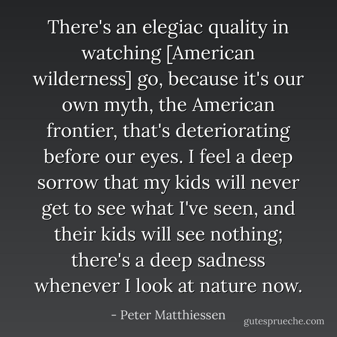 There's an elegiac quality in watching [American wilderness] go, because it's our own myth, the American frontier, that's deteriorating before our eyes. I feel a deep sorrow that my kids will never get to see what I've seen, and their kids will see nothing; there's a deep sadness whenever I look at nature now. - Peter Matthiessen
