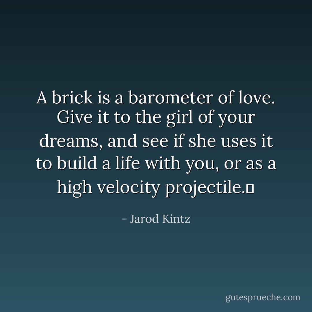 A brick is a barometer of love. Give it to the girl of your dreams, and see if she uses it to build a life with you, or as a high velocity projectile.  - Jarod Kintz
