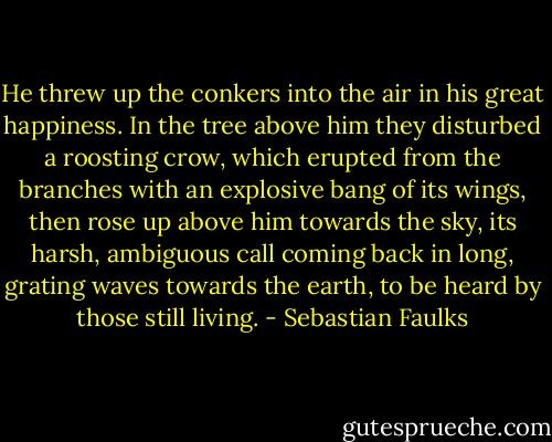 He threw up the conkers into the air in his great happiness. In the tree above him they disturbed a roosting crow, which erupted from the branches with an explosive bang of its wings, then rose up above him towards the sky, its harsh, ambiguous call coming back in long, grating waves towards the earth, to be heard by those still living. - Sebastian Faulks
