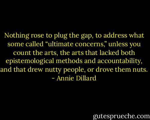 Nothing rose to plug the gap, to address what some called “ultimate concerns,” unless you count the arts, the arts that lacked both epistemological methods and accountability, and that drew nutty people, or drove them nuts. - Annie Dillard