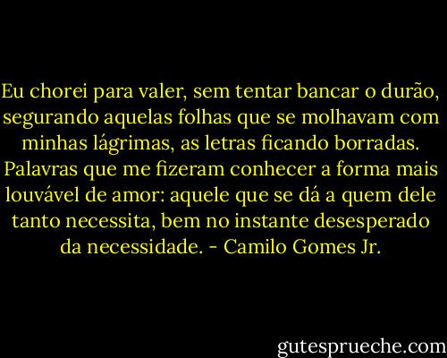Eu chorei para valer, sem tentar bancar o durão, segurando aquelas folhas que se molhavam com minhas lágrimas, as letras ficando borradas. Palavras que me fizeram conhecer a forma mais louvável de amor: aquele que se dá a quem dele tanto necessita, bem no instante desesperado da necessidade. - Camilo Gomes Jr.
