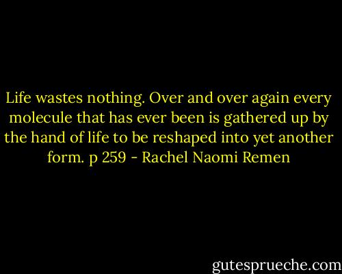 Life wastes nothing. Over and over again every molecule that has ever been is gathered up by the hand of life to be reshaped into yet another form.<br />p 259 - Rachel Naomi Remen