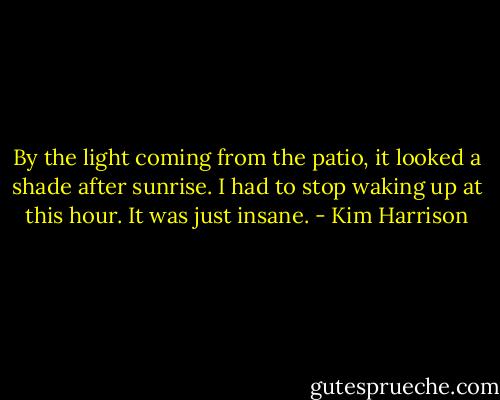 By the light coming from the patio, it looked a shade after sunrise. I had to stop waking up at this hour. It was just insane. - Kim Harrison