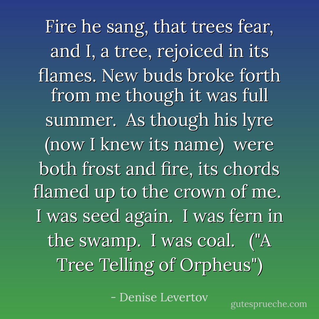 Fire he sang,<br />that trees fear, and I, a tree, rejoiced in its flames.<br />New buds broke forth from me though it was full summer.<br /> As though his lyre (now I knew its name)<br /> were both frost and fire, its chords flamed<br />up to the crown of me.<br /> I was seed again.<br /> I was fern in the swamp.<br /> I was coal. <br /><br />("A Tree Telling of Orpheus") - Denise Levertov
