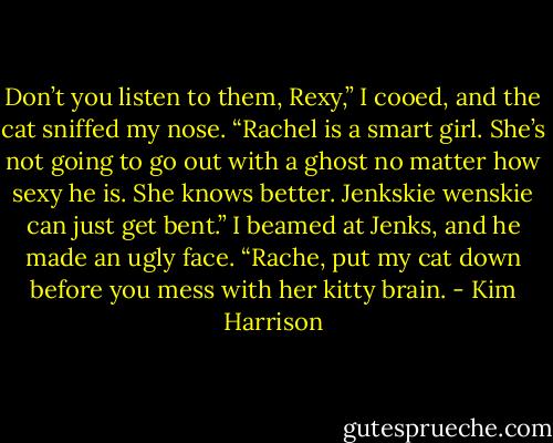 Don’t you listen to them, Rexy,” I cooed, and the cat sniffed my nose. “Rachel is a smart girl. She’s not going to go out with a ghost no matter how sexy he is. She knows better. Jenkskie wenskie can just get bent.” I beamed at Jenks, and he made an ugly face. “Rache, put my cat down before you mess with her kitty brain. - Kim Harrison
