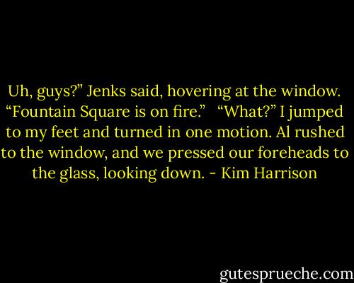 Uh, guys?” Jenks said, hovering at the window. “Fountain Square is on fire.” <br /><br />“What?” I jumped to my feet and turned in one motion. Al rushed to the window, and we pressed our foreheads to the glass, looking down. - Kim Harrison