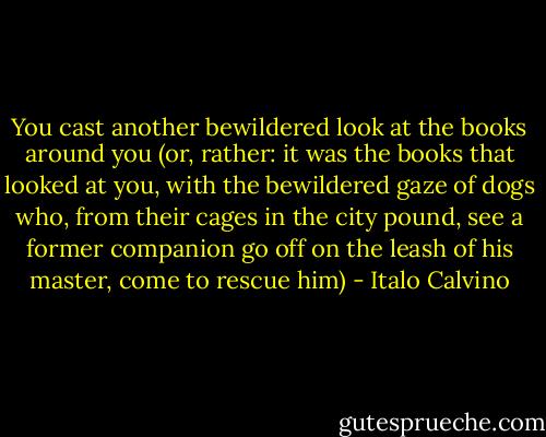 You cast another bewildered look at the books around you (or, rather: it was the books that looked at you, with the bewildered gaze of dogs who, from their cages in the city pound, see a former companion go off on the leash of his master, come to rescue him) - Italo Calvino