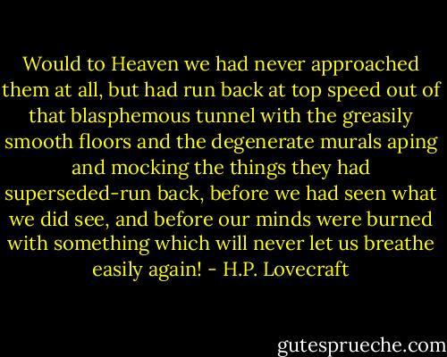 Would to Heaven we had never approached them at all, but had run back at top speed out of that blasphemous tunnel with the greasily smooth floors and the degenerate murals aping and mocking the things they had superseded-run back, before we had seen what we did see, and before our minds were burned with something which will never let us breathe easily again! - H.P. Lovecraft