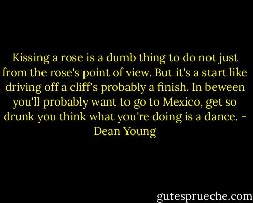 Kissing a rose is a dumb thing to do<br />not just from the rose's point of view.<br />But it's a start<br />like driving off a cliff's probably a finish.<br />In beween you'll probably want to go to Mexico,<br />get so drunk you think what you're doing is a dance. - Dean Young