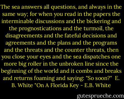 The sea answers all questions, and always in the same way; for when you read in the papers the interminable discussions and the bickering and the prognostications and the turmoil, the disagreements and the fateful decisions and agreements and the plans and the programs and the threats and the counter threats, then you close your eyes and the sea dispatches one more big roller in the unbroken line since the beginning of the world and it combs and breaks and returns foaming and saying: "So soon?" <br />E. B. White "On A Florida Key - E.B. White