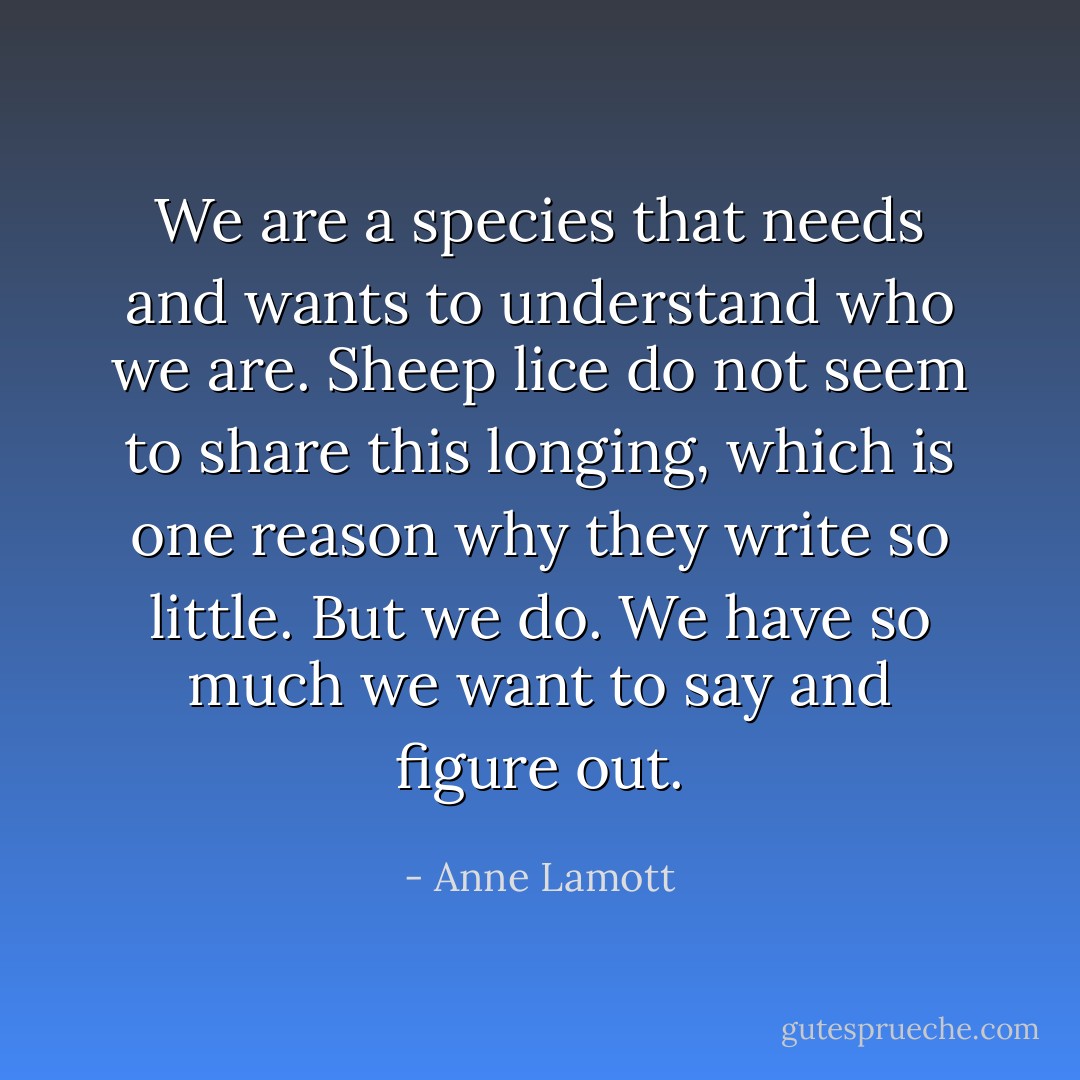 We are a species that needs and wants to understand who we are. Sheep lice do not seem to share this longing, which is one reason why they write so little. But we do. We have so much we want to say and figure out. - Anne Lamott