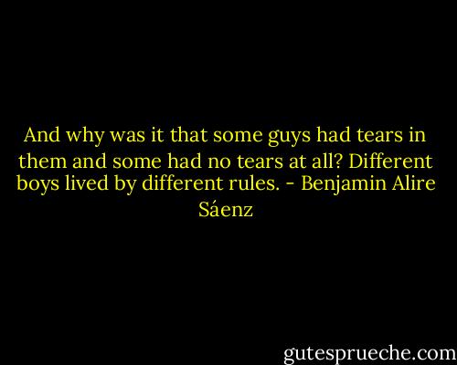 And why was it that some guys had tears in them and some had no tears at all? Different boys lived by different rules. - Benjamin Alire Sáenz