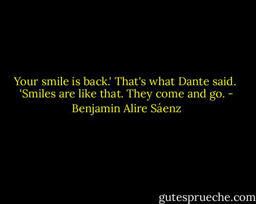 Your smile is back.' That's what Dante said.<br /><br />'Smiles are like that. They come and go. - Benjamin Alire Sáenz