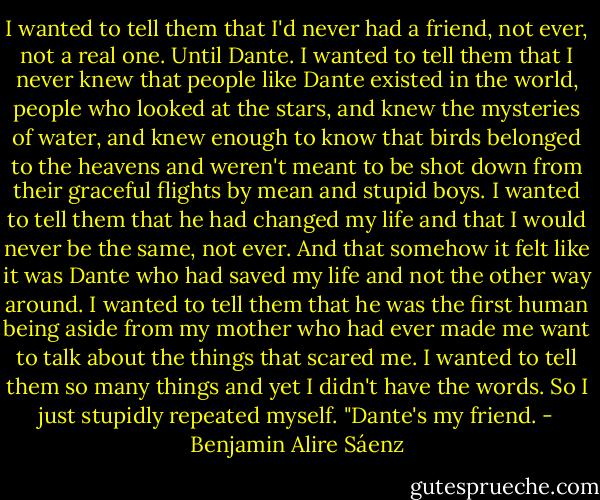 I wanted to tell them that I'd never had a friend, not ever, not a real one. Until Dante. I wanted to tell them that I never knew that people like Dante existed in the world, people who looked at the stars, and knew the mysteries of water, and knew enough to know that birds belonged to the heavens and weren't meant to be shot down from their graceful flights by mean and stupid boys. I wanted to tell them that he had changed my life and that I would never be the same, not ever. And that somehow it felt like it was Dante who had saved my life and not the other way around. I wanted to tell them that he was the first human being aside from my mother who had ever made me want to talk about the things that scared me. I wanted to tell them so many things and yet I didn't have the words. So I just stupidly repeated myself. "Dante's my friend. - Benjamin Alire Sáenz