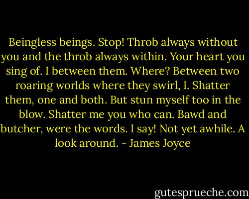 Beingless beings. Stop! Throb always without you and the throb always within. Your heart you sing of. I between them. Where? Between two roaring worlds where they swirl, I. Shatter them, one and both. But stun myself too in the blow. Shatter me you who can. Bawd and butcher, were the words. I say! Not yet awhile. A look around. - James Joyce